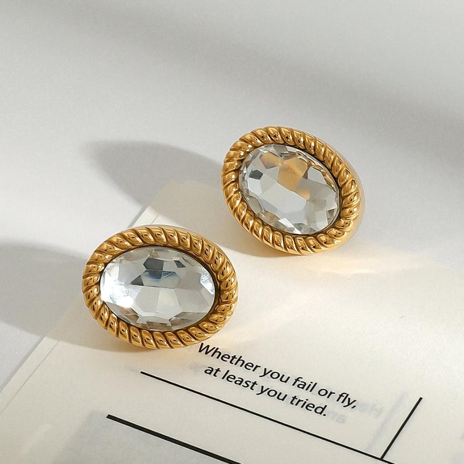 1 Pair Trendy Series Classic Oval Stainless Steel Gold Color Women's Stud Earrings 