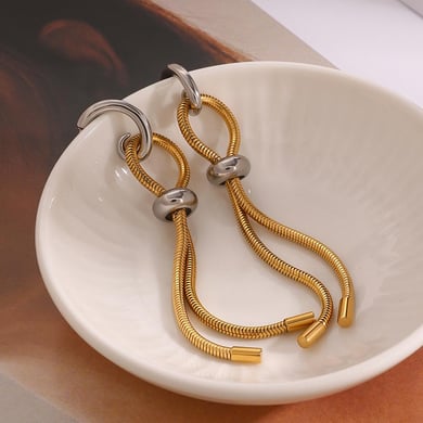 1 Pair Modern Series Line Tassels Stainless Steel Gold And Silver Mixed Color Women's Drop Earrings h5 
