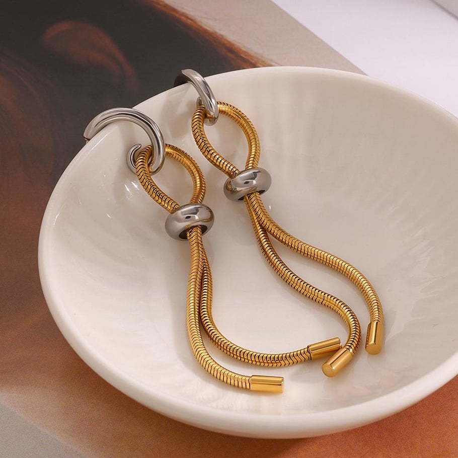 1 Pair Modern Series Line Tassels Stainless Steel Gold And Silver Mixed Color Women's Drop Earrings 