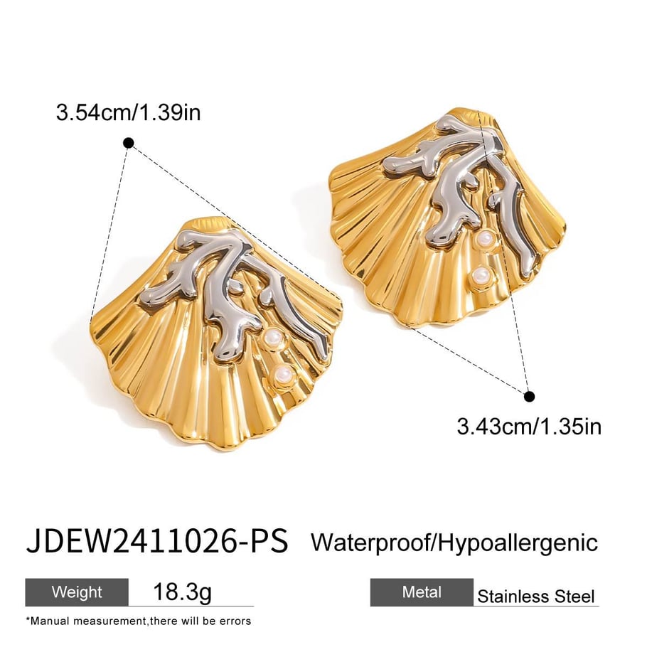1 par de aretes tipo botón de acero inoxidable en color dorado con diseño de conchas marinas de la serie romántica para mujer Imagen5