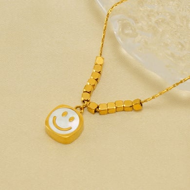 Collar con colgante de acero inoxidable para mujer, de color dorado, redondo, clásico, con sonrisa, serie moderna, 1 pieza h5 Imagen2
