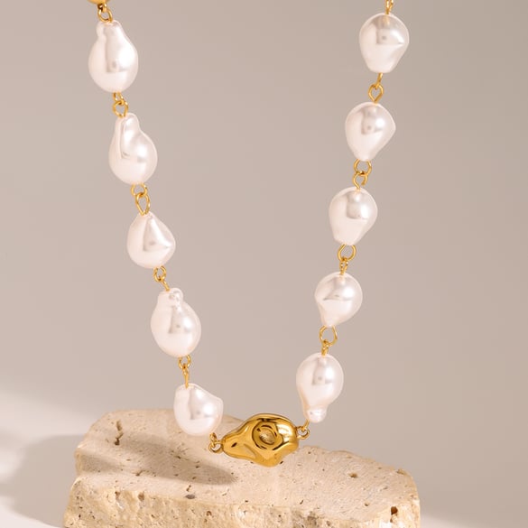 1 Stück Luxuriöse Perlenketten aus Edelstahl der Serie 18 Karat Goldfarbe plattiert mit Kunstperlen für Damen 2
