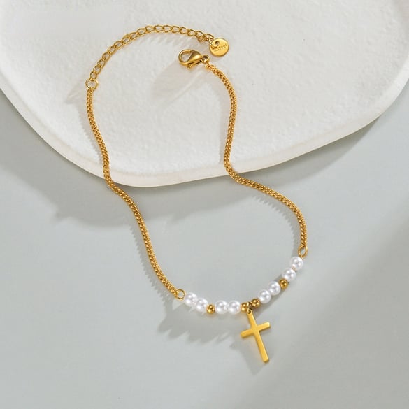 1 pieza de tobillera de mujer de acero inoxidable chapado en Color dorado de 14 quilates con incrustaciones de perlas artificiales y forma de cruz de estilo clásico simple 2