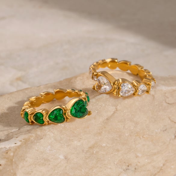 Anillo individual para mujer de acero inoxidable chapado en Color dorado de 18 quilates con incrustaciones de piedras preciosas artificiales en forma de corazón, estilo romántico retro, 1 pieza