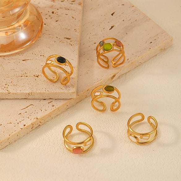 Anillo ajustable para mujer de acero inoxidable chapado en Color dorado de 18 k con incrustaciones de piedras naturales y estilo clásico geométrico de 1 pieza 2
