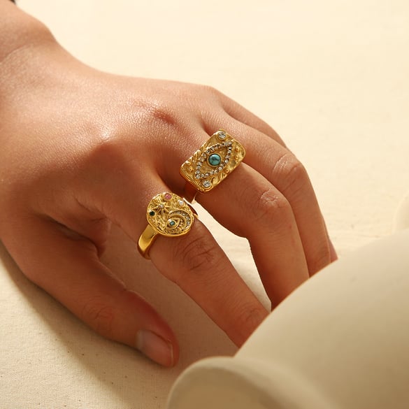 Anillos individuales para mujer de acero inoxidable chapados en Color dorado de 18 quilates con incrustaciones de diamantes de imitación y forma de ojo de diablo de estilo clásico retro de 1 pieza