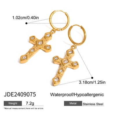 1 Pair Ethnic Series Classic Cross Stainless Steel 18K Gold Plated Zircon Women Drop Earrings h5 