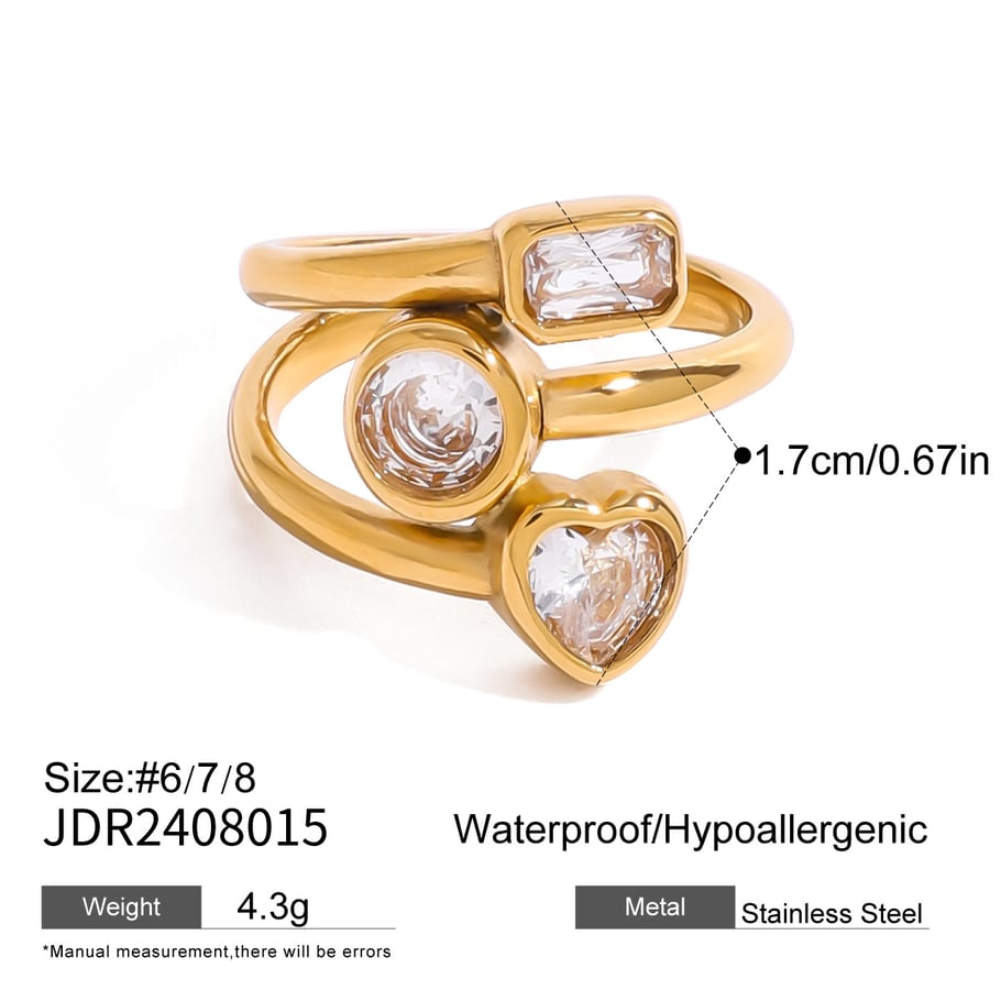 1 Pair Simple Series Sweet Heart Stainless Steel 18K Gold Plated Zircon Women Adjustable Rings 