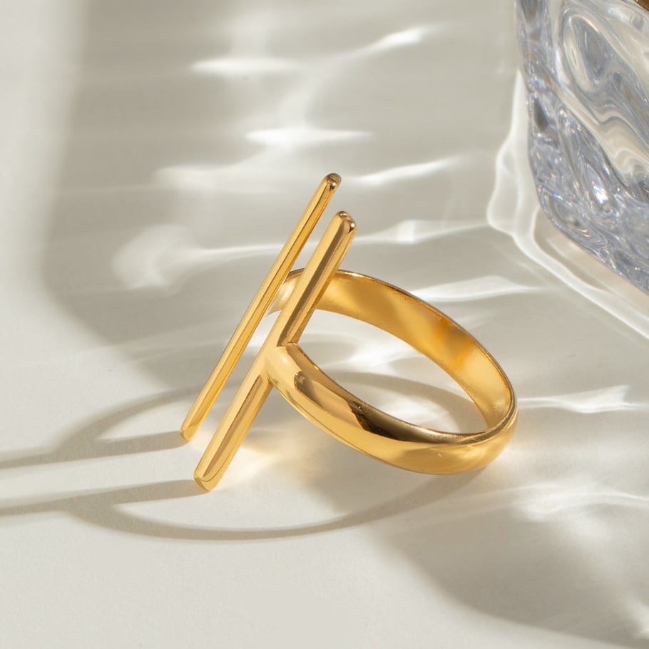 1 Paar Simple Series Einfache geometrische Edelstahl 18 Karat vergoldete verstellbare Damenringe Bild2