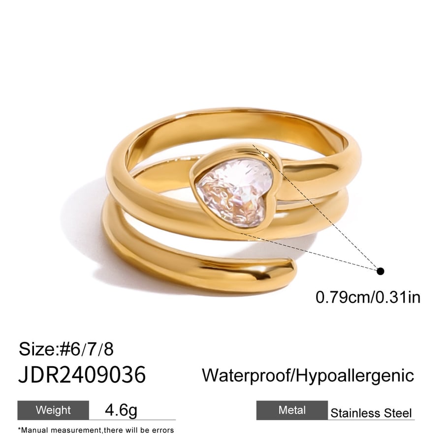 1 Pair Simple Series Casual Heart Stainless Steel 18K Gold Plated Zircon Women Single Rings 