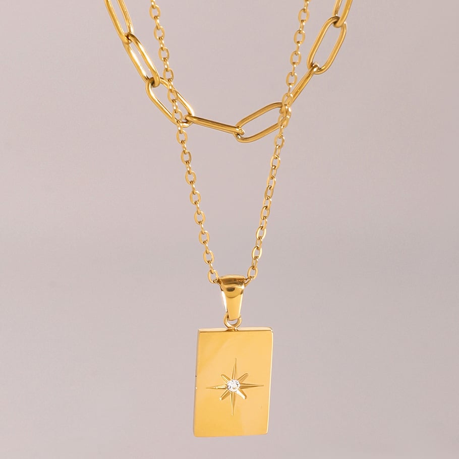 1 Stück Simple Series Einfache geometrische Edelstahl 18 Karat vergoldet Strass Damen mehrlagige Halsketten Bild2