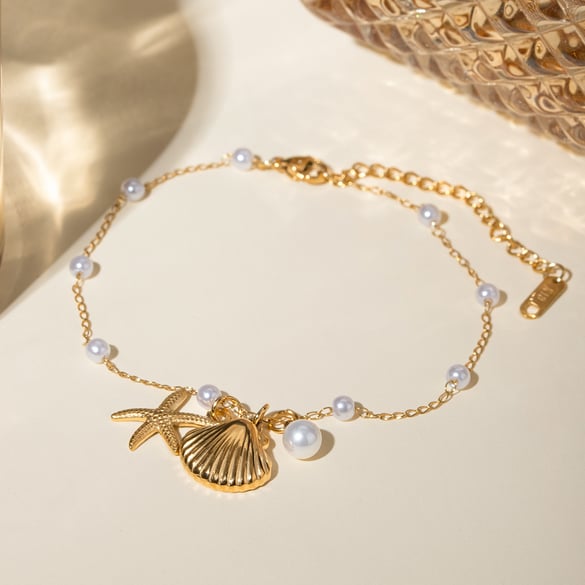 1 pieza de tobilleras de acero inoxidable con conchas de color dorado para mujer de la serie Chic Vacation