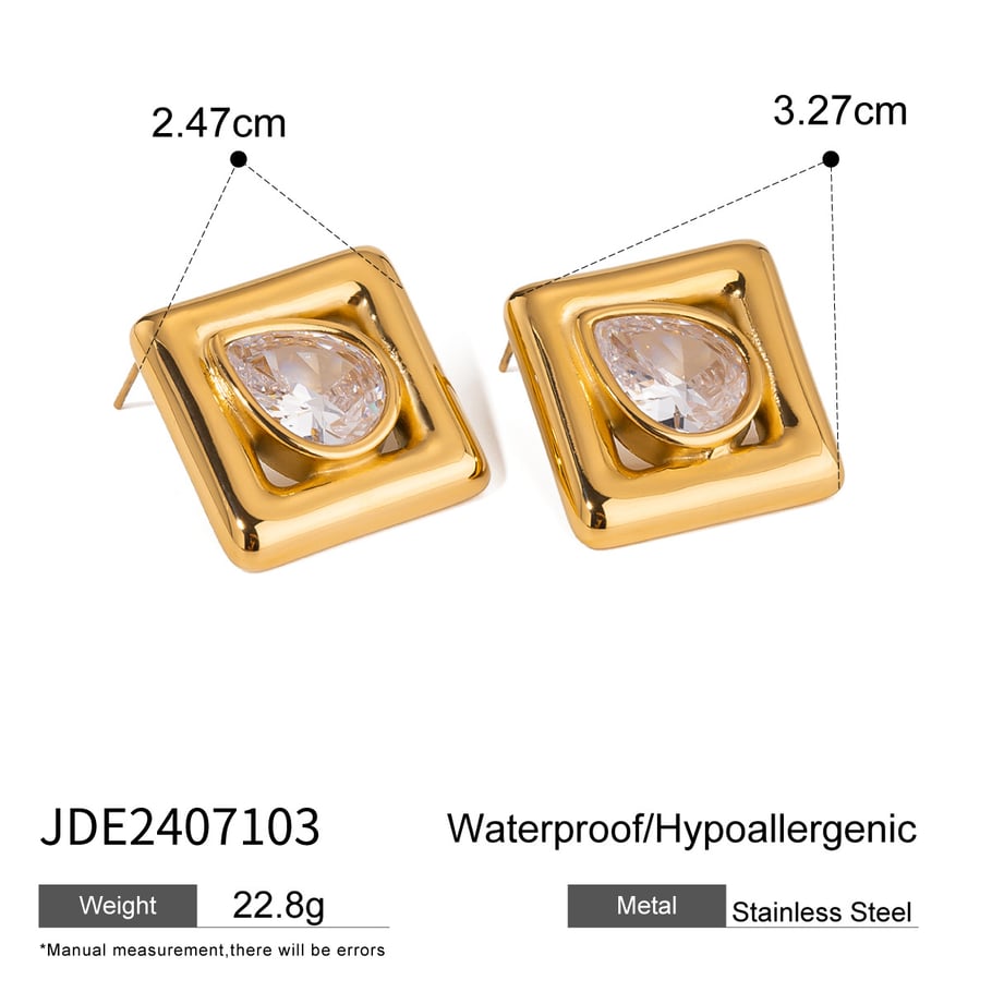 1 Pair Simple Retro Style Square Shape Stainless Steel 18K Gold Plated Inlay White Zircon Women's Stud Earrings 