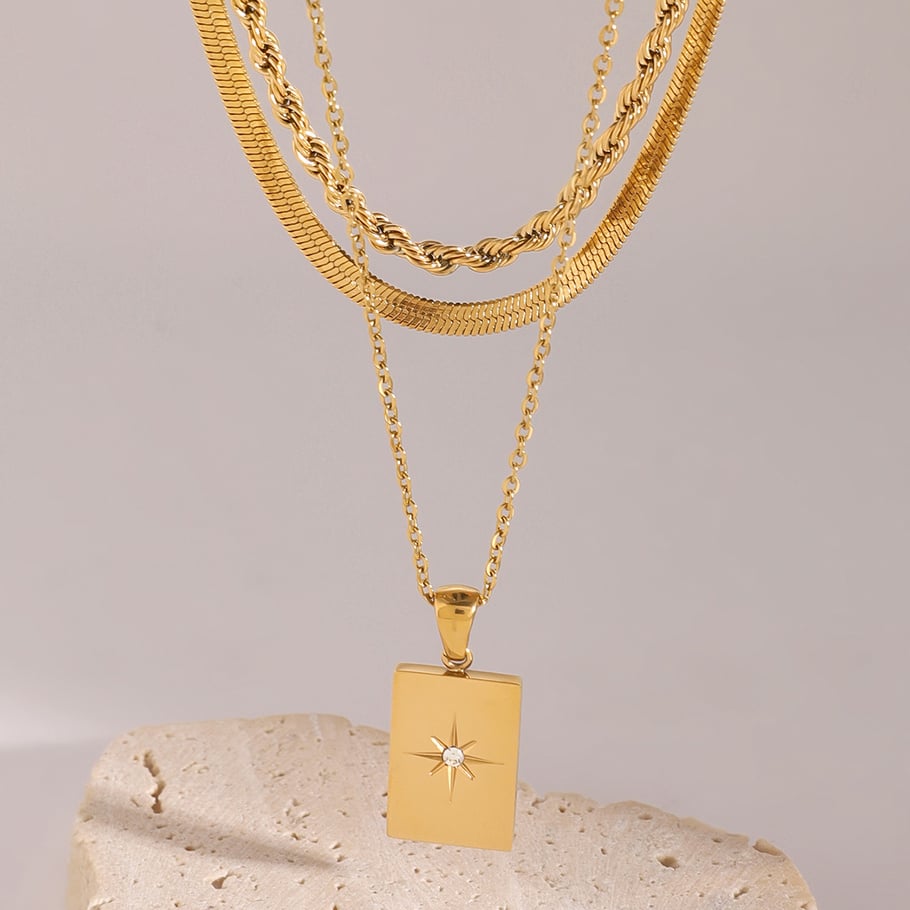 1 Stück Simple Series Lässige geometrische Edelstahl 18 Karat vergoldet Strass Damen mehrlagige Halsketten Bild2