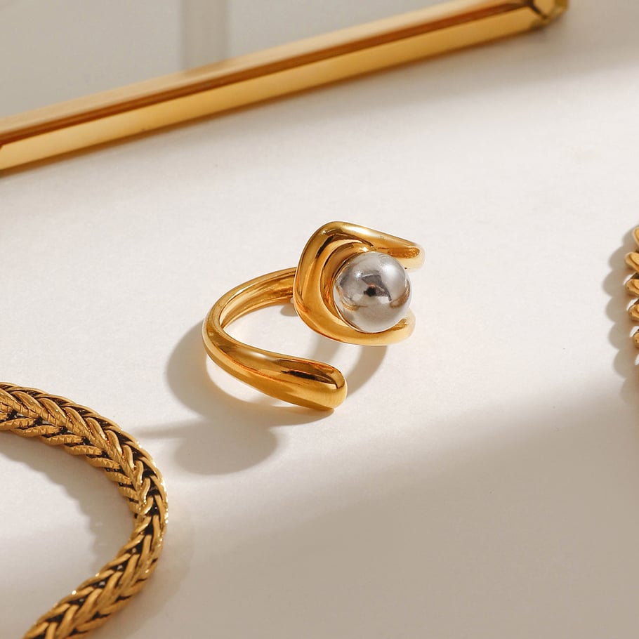 1 Pair Modern Series Fashionable Irregular Stainless Steel Gold Color Women's Single Rings Picture2