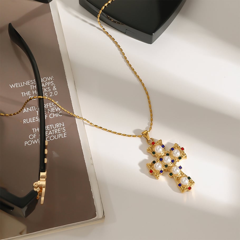 1 Piece Luxurious Series Exquisite Colorful Cross Shape Stainless Steel Gold Color Women's Pendant Necklaces Picture2