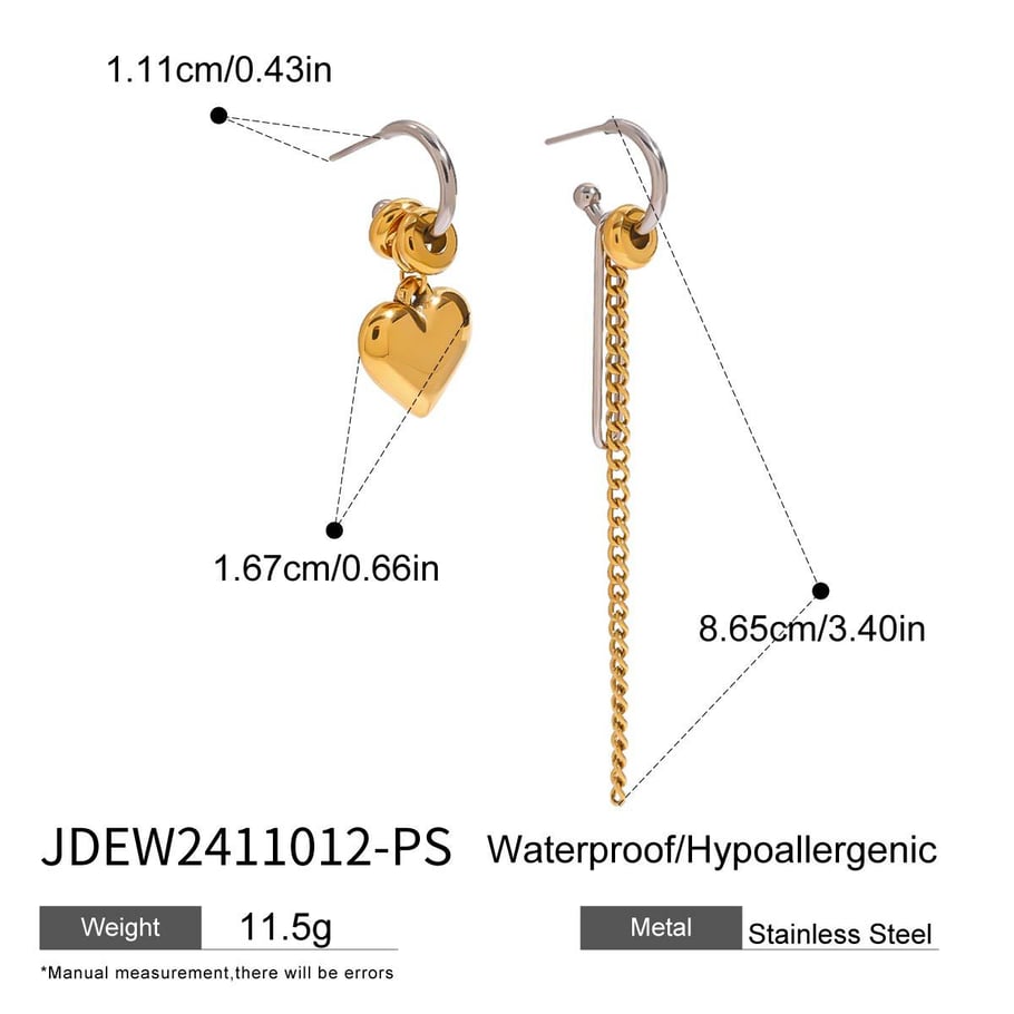 1 Pair Simple Series Asymmetric Heart Tassels Stainless Steel Gold and Silver Color Women's Drop Earrings 