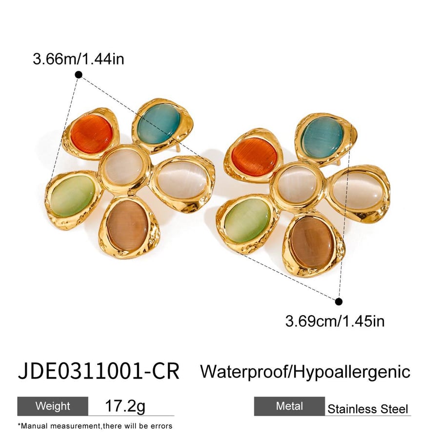 1 Pair Romantic Series Vacation Flower Stainless Steel Gold Color Natural Cat-eye Stone Women's Stud Earrings 