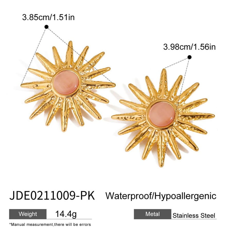 1 Pair Luxurious Series Elegant Sun Stainless Steel Gold Color With Natureal Stone Women's Stud Earrings 