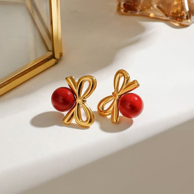 1 Pair Gorgeous Series Retro Bowknot Red Sphere Stainless Steel Gold Color Women's Stud Earrings h5 Picture2