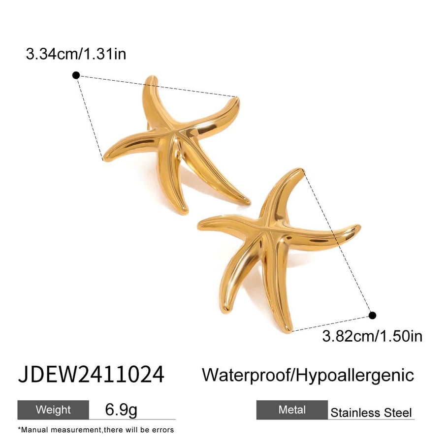 1 Pair Romantic Series Vacation Starfish Shape Stainless Steel Gold Color Beach Women's Stud Earrings 