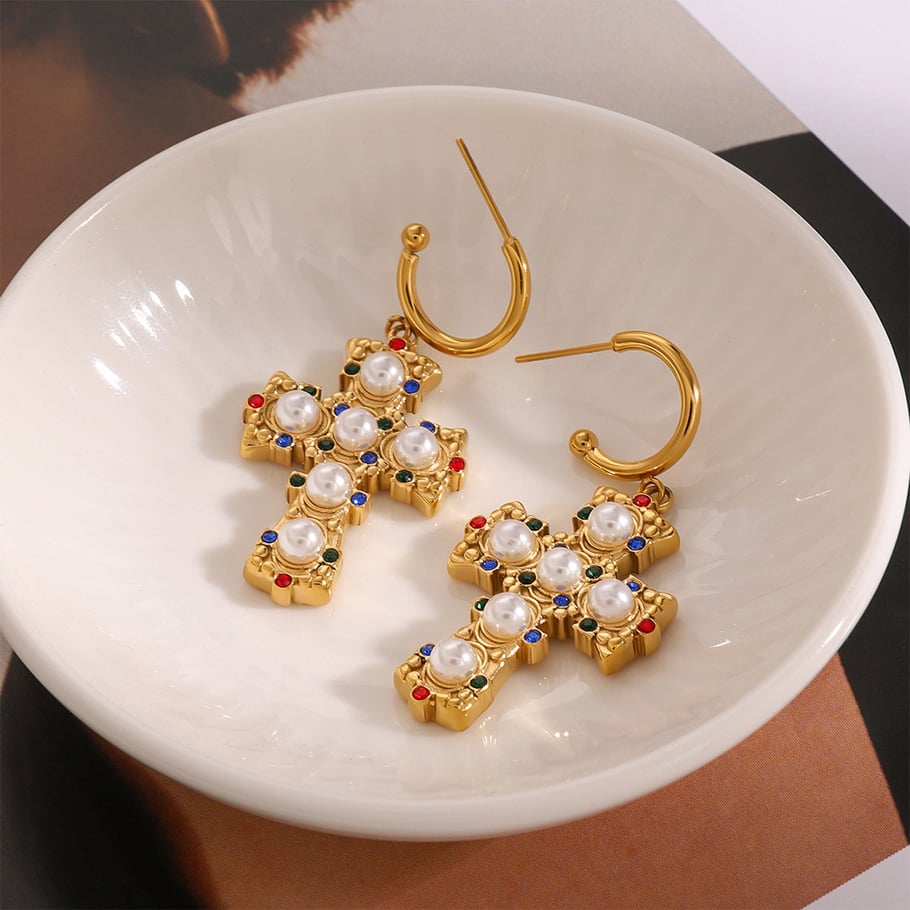 1 Pair Luxurious Series Exquisite Colorful Cross Shape Stainless Steel Gold Color Women's Drop Earrings Picture2