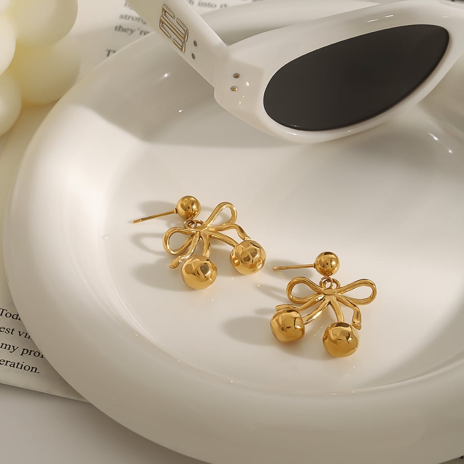 1 Pair Romantic Series Cute Cherry All-match Stainless Steel Gold Color Women's Drop Earrings Picture2