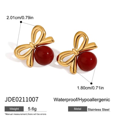 1 Pair Gorgeous Series Retro Bowknot Red Sphere Stainless Steel Gold Color Women's Stud Earrings h5 