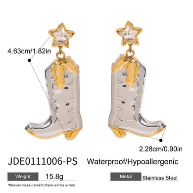 1 Pair Vintage Series Cowboy Boots Shape Star Stainless Steel Gold and Silver Color Women's Drop Earrings h5 