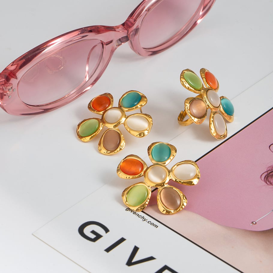 1 Pair Romantic Series Vacation Flower Stainless Steel Gold Color Natural Cat-eye Stone Women's Stud Earrings Picture2