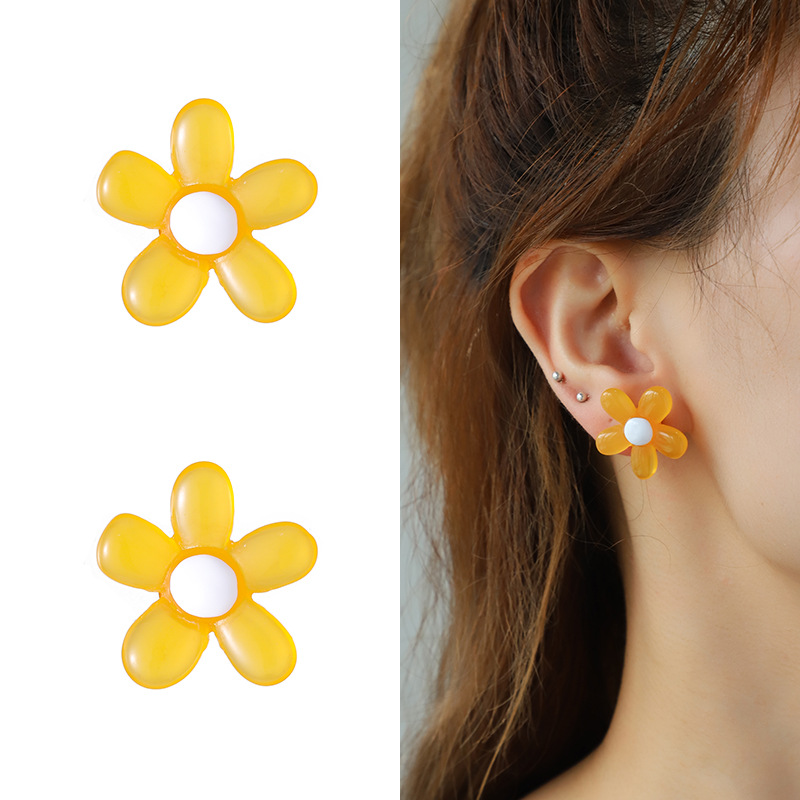1 Pair Fashionable Series Lucid Natural Flower Shape Colorful Resin Women's Stud Earrings 