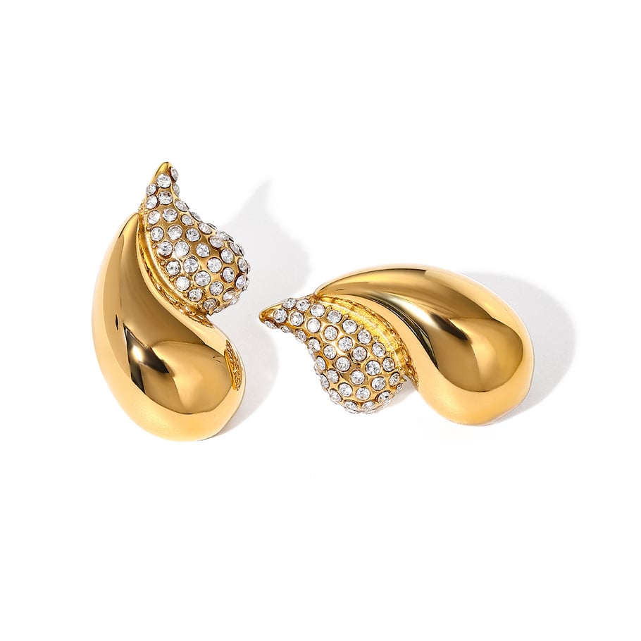 2024 European and American summer new 18k gold stainless steel/chubby double-layer teardrop-shaped diamond earrings are divided into left and right sides 