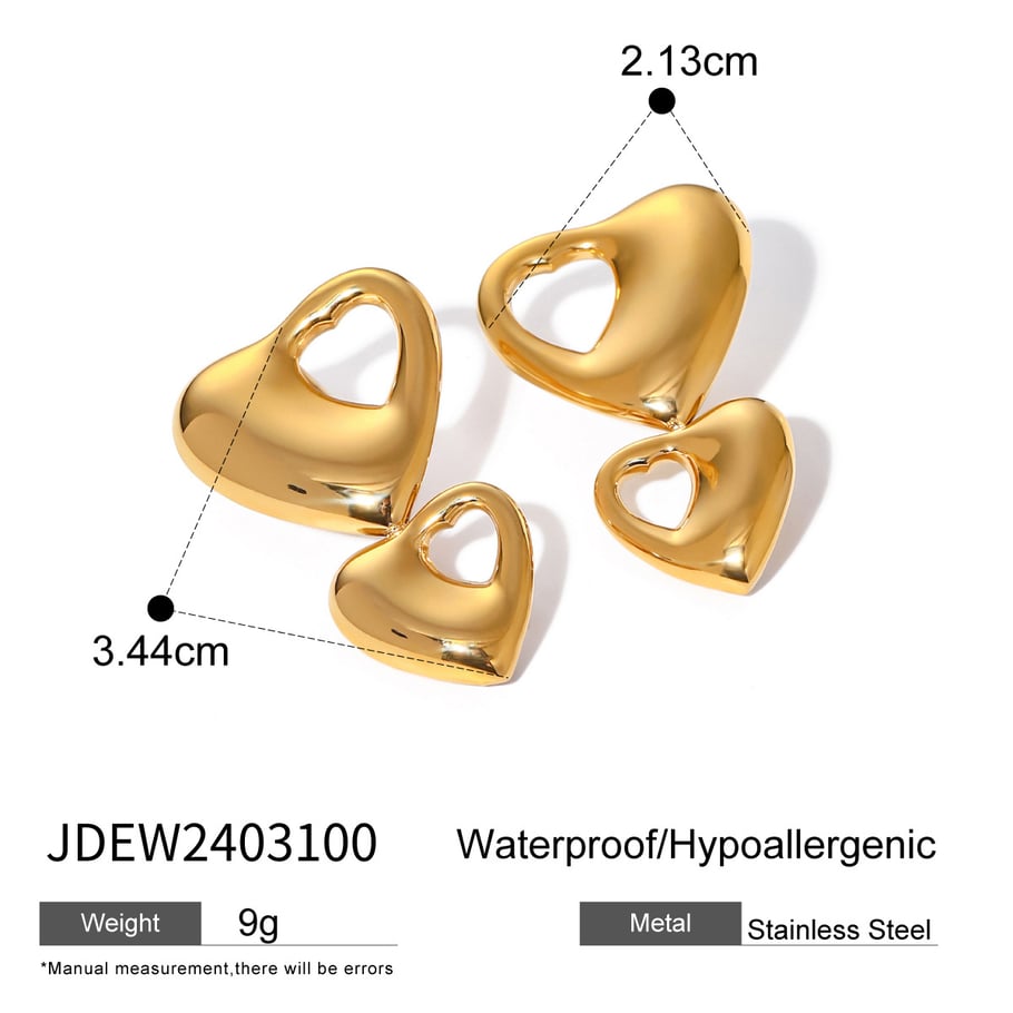 Doppelschichtige Herz-Hohlohrringe aus Edelstahl 18 Karat Gold. Hochwertige Herzohrringe aus Titanstahl sind in eine linke und eine rechte Seite unterteilt. Bild2