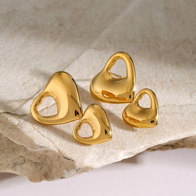 Doppelschichtige Herz-Hohlohrringe aus Edelstahl 18 Karat Gold. Hochwertige Herzohrringe aus Titanstahl sind in eine linke und eine rechte Seite unterteilt. h5 