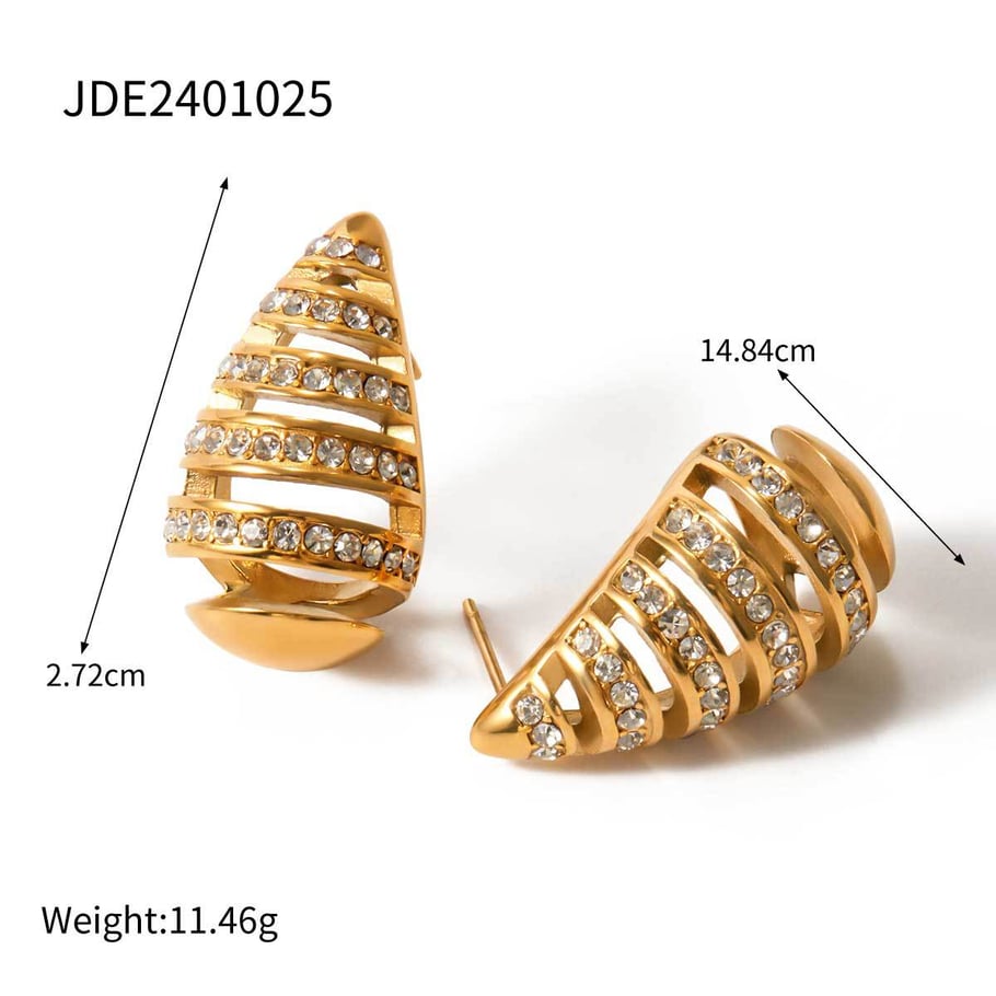 18k gold stainless steel inlaid diamond stripes hollow teardrop-shaped earrings ins high-end niche unique titanium steel earrings Picture2