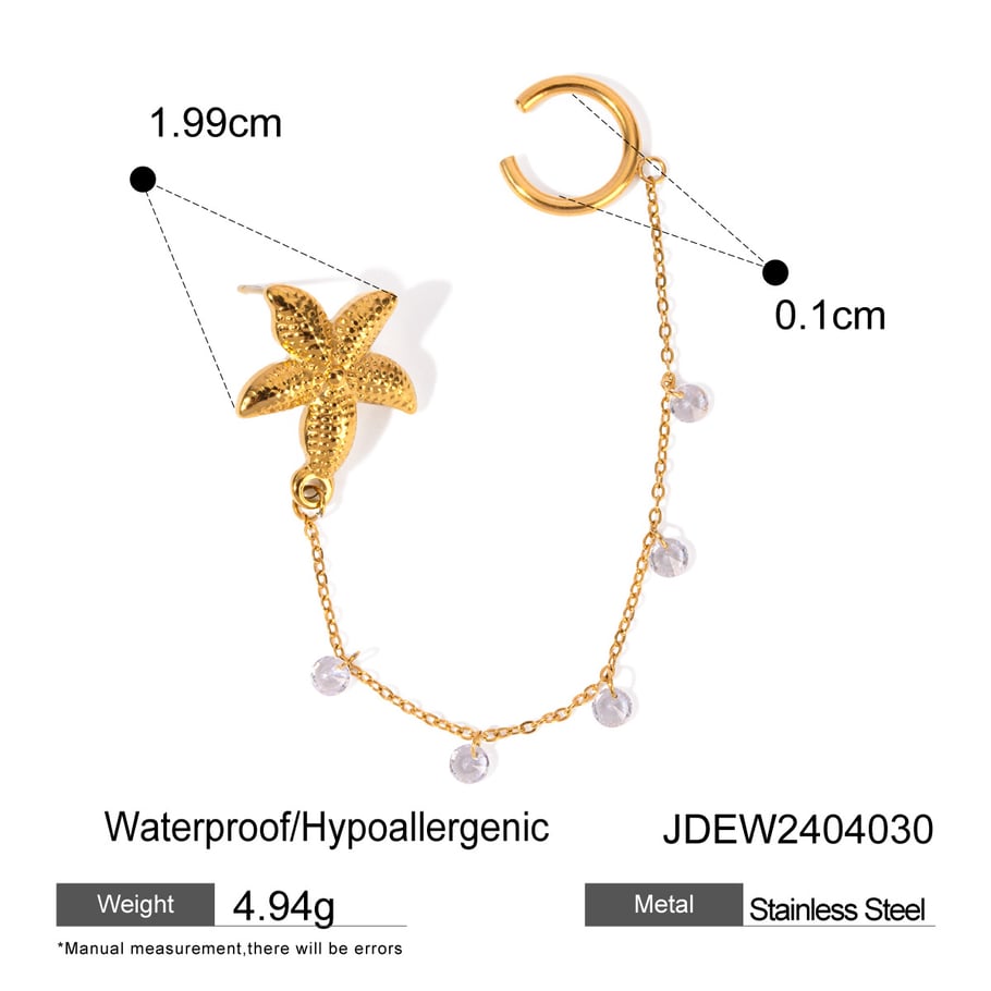European and American cross-border ins style high-end personality trend 18k gold stainless steel single starfish rhinestone ear clip earrings 