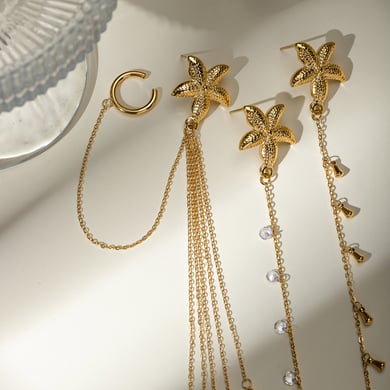 European and American cross-border ins style high-end personality trend 18k gold stainless steel single starfish rhinestone ear clip earrings h5 Picture2