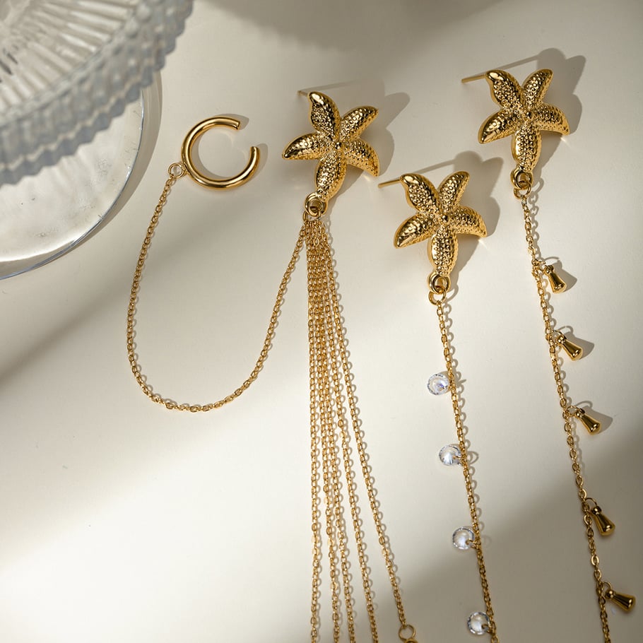 European and American cross-border ins style high-end personality trend 18k gold stainless steel single starfish rhinestone ear clip earrings Picture2
