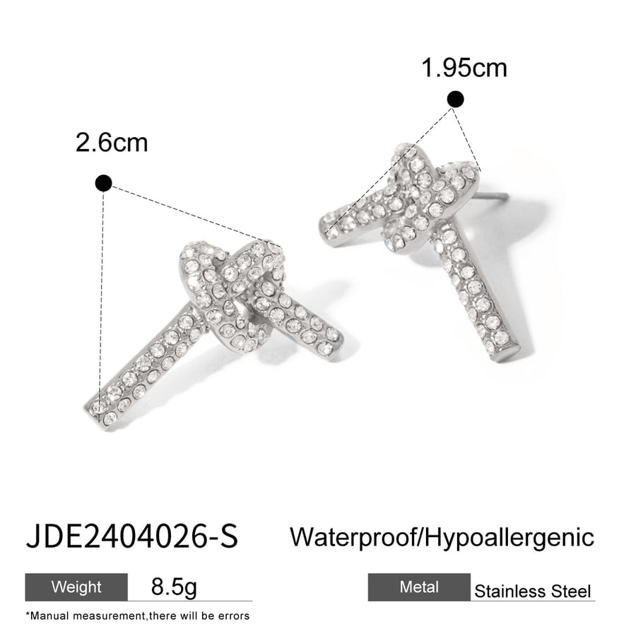 18k gold stainless steel/full diamond knotted earrings ins style fashionable cute small fresh titanium steel knot earrings 