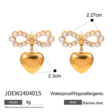 ins style 18k gold stainless steel pearl bow heart pendant earrings do not fade anti-allergic trendy all-match accessories h5 