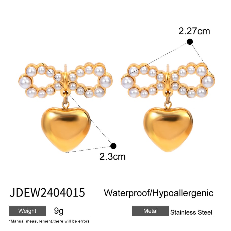 ins style 18k gold stainless steel pearl bow heart pendant earrings do not fade anti-allergic trendy all-match accessories 