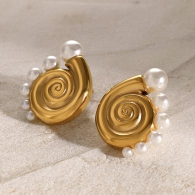 Internet-Promi-Stil Persönlichkeit Stil 18 Karat Gold Edelstahl Conch Halbkreis Perle Ohrringe mit linken und rechten Seiten Schmuck Großhandel h5 Bild2