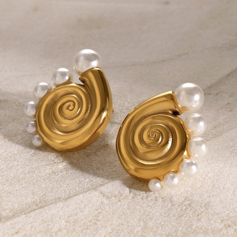 Internet-Promi-Stil Persönlichkeit Stil 18 Karat Gold Edelstahl Conch Halbkreis Perle Ohrringe mit linken und rechten Seiten Schmuck Großhandel Bild2