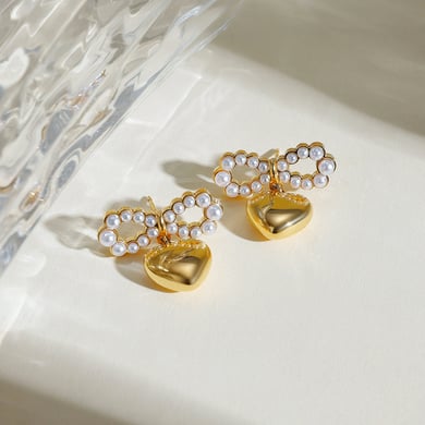 ins style 18k gold stainless steel pearl bow heart pendant earrings do not fade anti-allergic trendy all-match accessories h5 Picture2