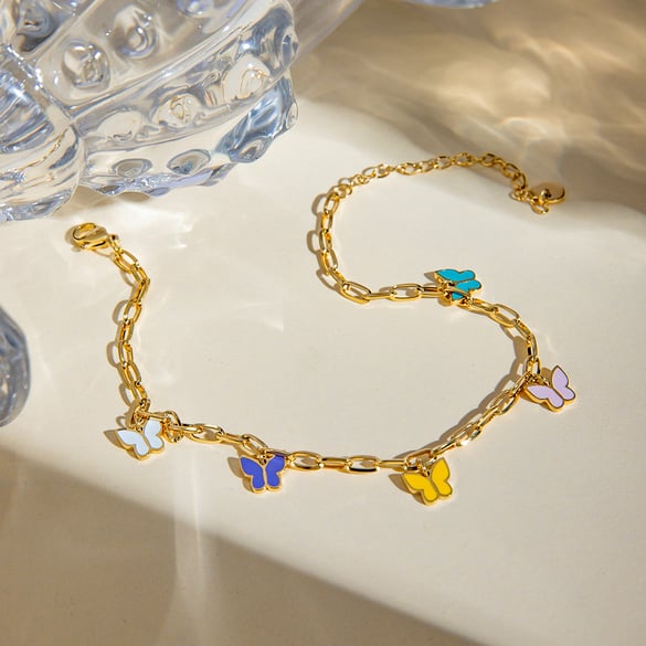 1 pieza de tobilleras de acero inoxidable esmaltadas en color dorado con forma de mariposa de colores y estilo romántico y dulce para mujer 2