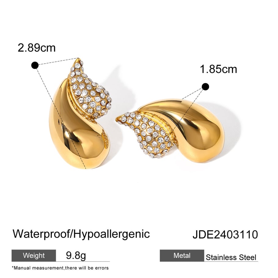 2024 European and American summer new 18k gold stainless steel/chubby double-layer teardrop-shaped diamond earrings are divided into left and right sides Picture2