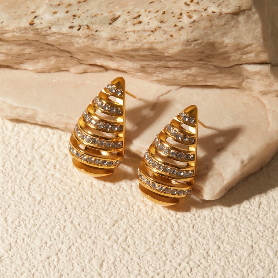 18k gold stainless steel inlaid diamond stripes hollow teardrop-shaped earrings ins high-end niche unique titanium steel earrings 
