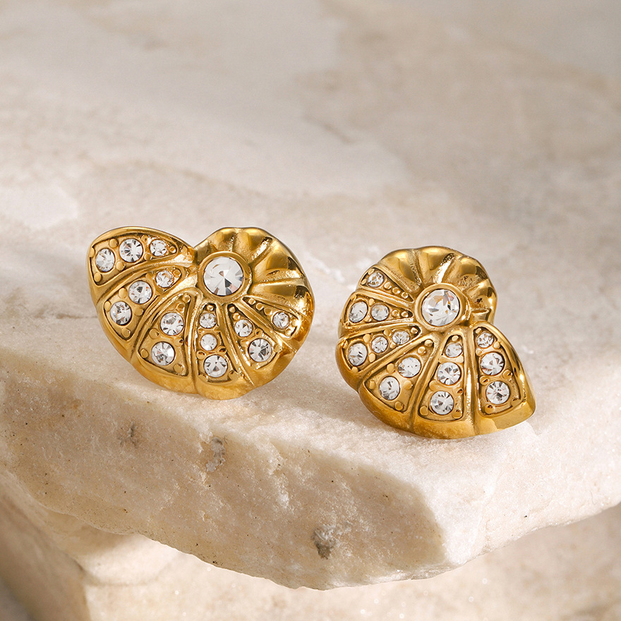 18K gold stainless steel/conch with rhinestone earrings ins unique design high price left and right titanium steel earrings Picture2