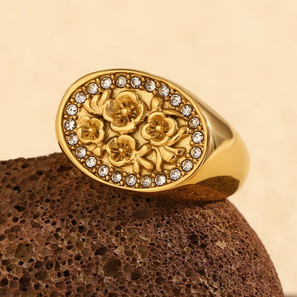 Anillos individuales de acero inoxidable color dorado con diseño de flores naturales elegantes de la serie Vintage de 1 pieza para mujer