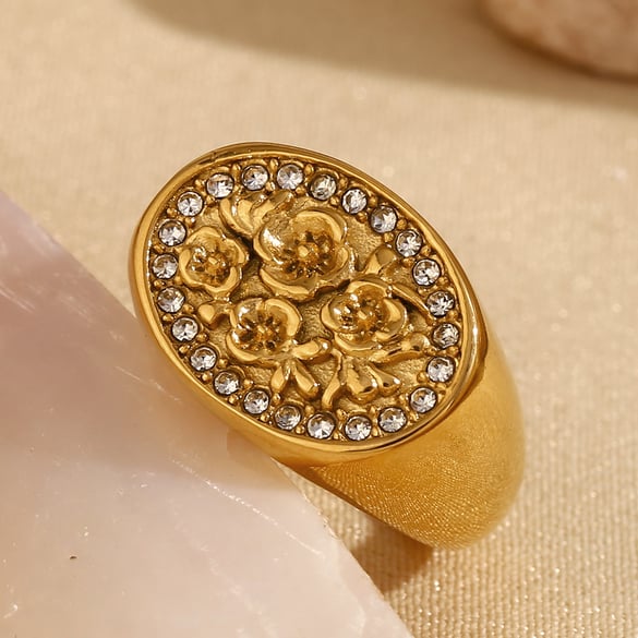 Anillos individuales de acero inoxidable color dorado con diseño de flores naturales elegantes de la serie Vintage de 1 pieza para mujer 2